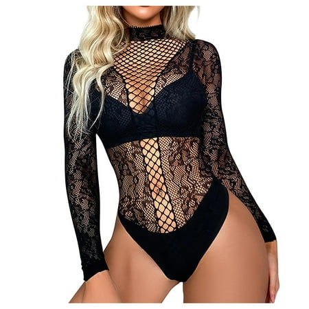 Elainilye Fashion Women One Piece Lingerie Solid Color Jumpsuit Sexy and Body Shaping Tight Fitting Clothes and Mesh Underwear Black