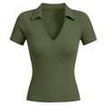 thumbnail image 4 of Gaexia Women Fashionable Casual Solid Collarless Fitted Short Sleeved T Shirt Top for Daily Wear (Army Green,L), 4 of 4