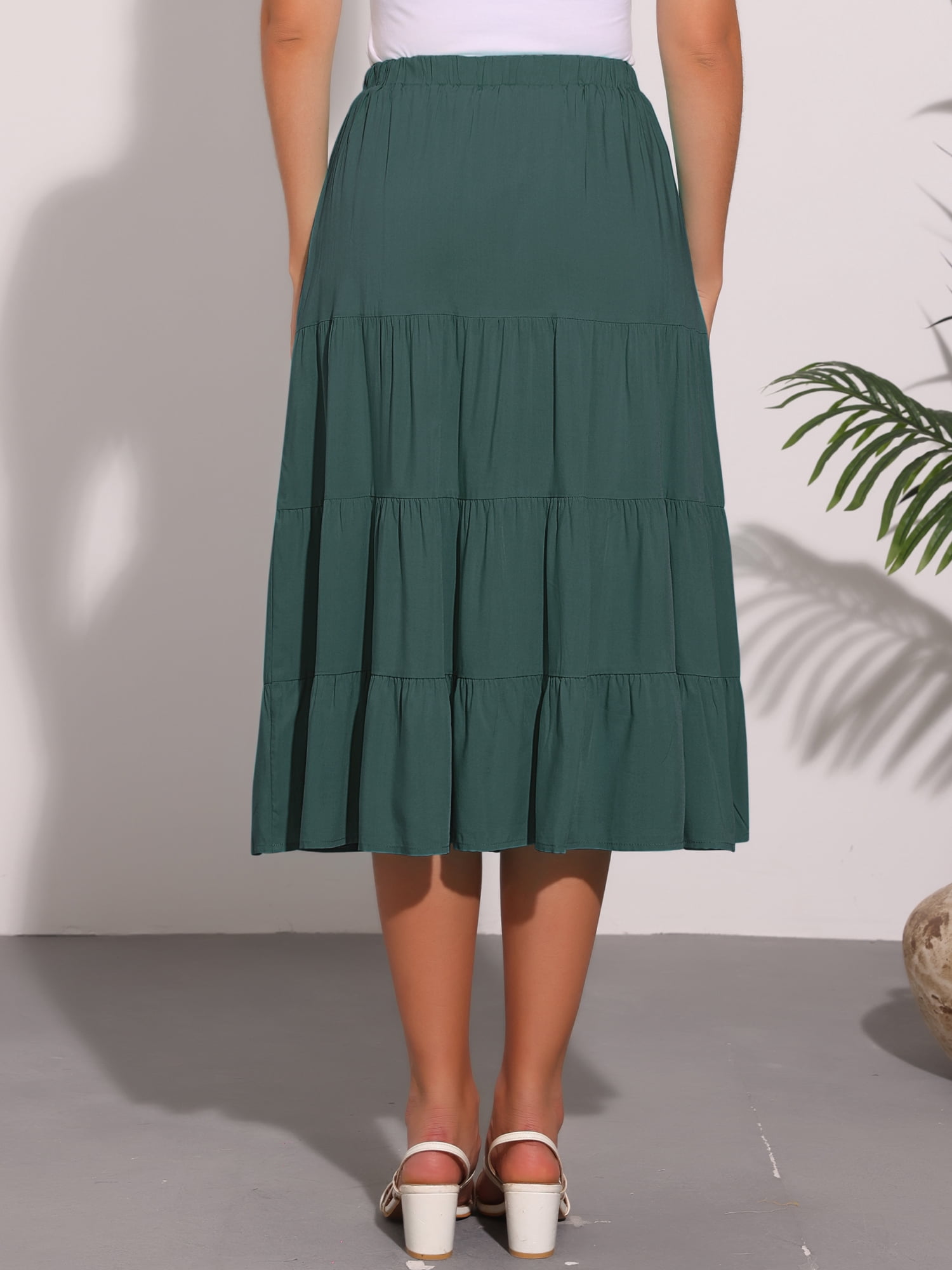 DARING DIVA Women's Midi Tiered Pleated Elastic Waist A-Line Skirt XS Army Green