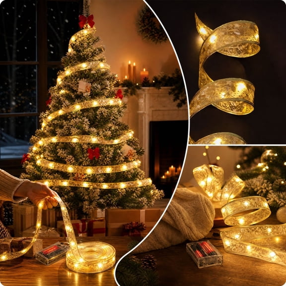 Kdkad Christmas Lights, 16.4 Ft Christmas Tree Lights, Lace Ribbon String Lights Printed Snowflake, Christmas Decorations for Xmas Tree Wall Mantel Table, Christmas Party Holiday Decor