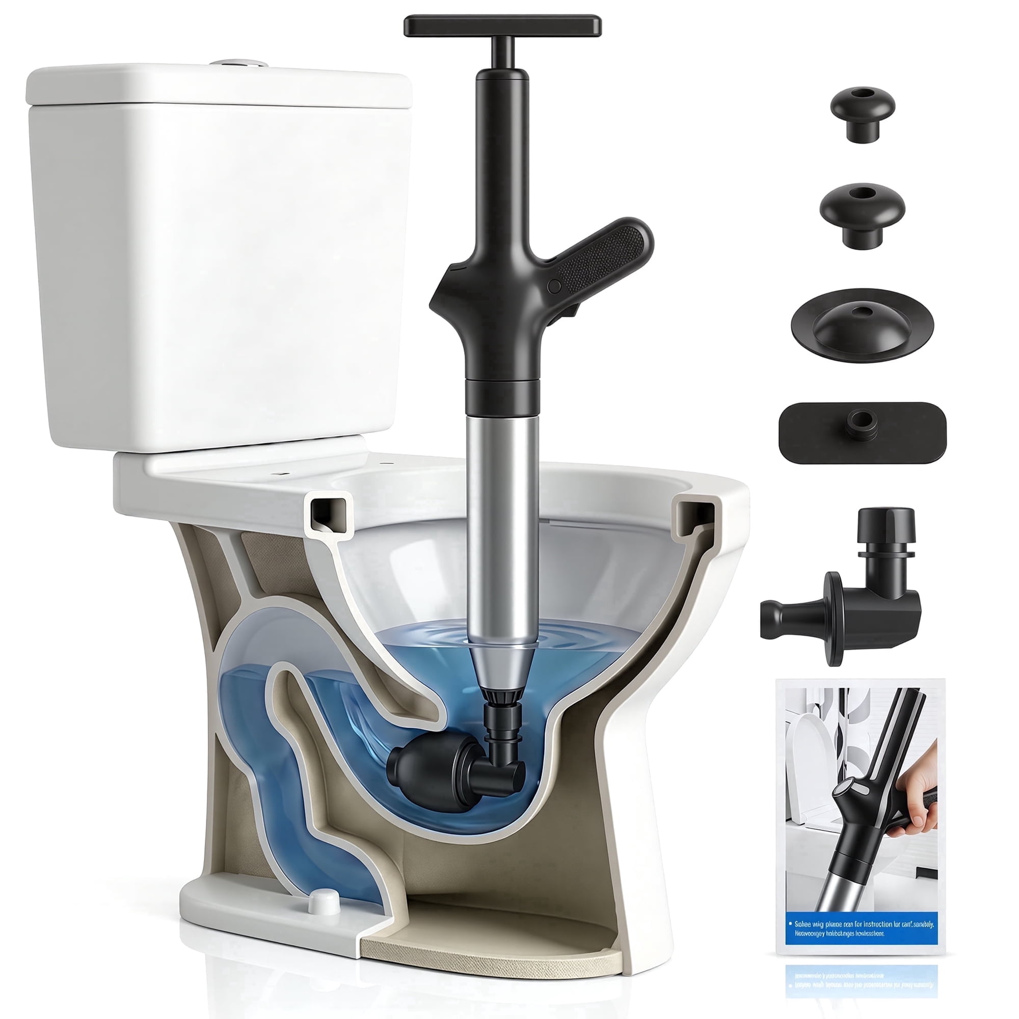 LZSDS Power Air Plunger for Toilet Heavy Duty, Visible Pressure Gauge Drain Unclogger with 4 Heads Splash Free