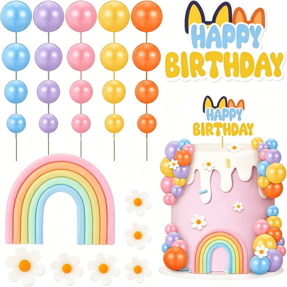 XIBUFE 38 Pcs Rainbow Cake Topper with Daisy Balls Cake Topper,Pastel Cupcake Toppers Cake Decorations for Birthday Wedding Party Supplies