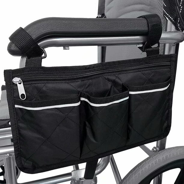 Bolsa para silla de ruedas (negra, 32,5 x 18 cm) con bolsillos, bolsa para reposabrazos lateral de silla de ruedas, bolsa de almacenamiento para accesorios de silla de ruedas y scooter de movilidad