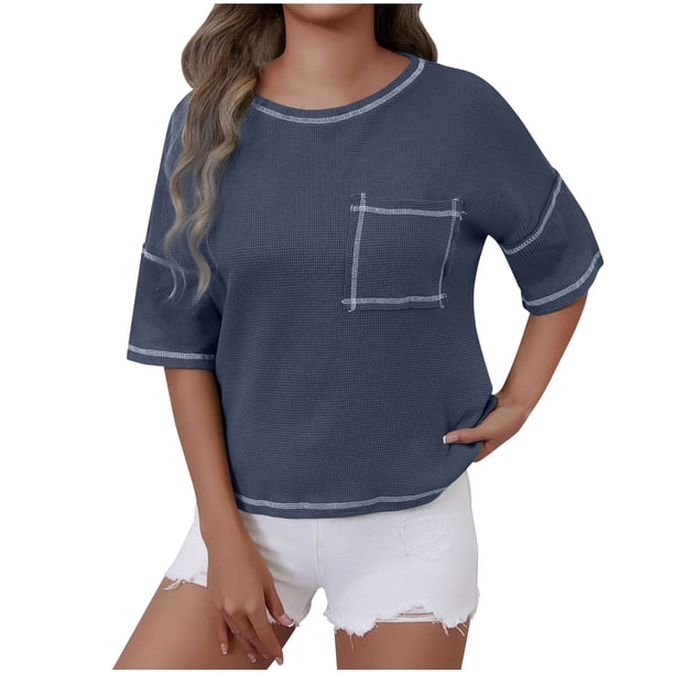 Camisetas Casuales de Mujer Nueva Camiseta de Manga Corta de Cuello U de Color Sólido de Verano, Poliéster