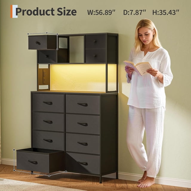 EDTara 12-Drawer Storage Dresser, Metal Frame Fabric Chest With Wood Top, Led Lighting, Outlet and Open Shelving