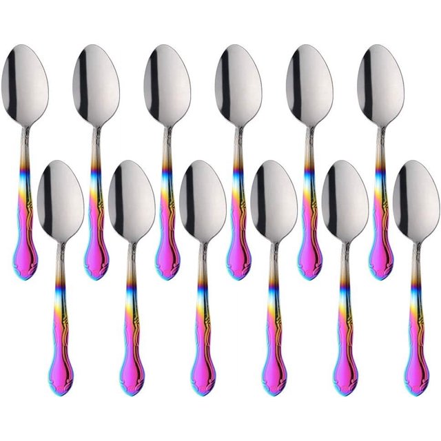 12-Piece Stainless Steel Dinner Spoons with Flower Edge, Stainless Steel Dinner Spoons Set, Spoon Dessert Spoons for Home, Kitchen or Restaurant - 7.3 Inches-Gradient Rainbow