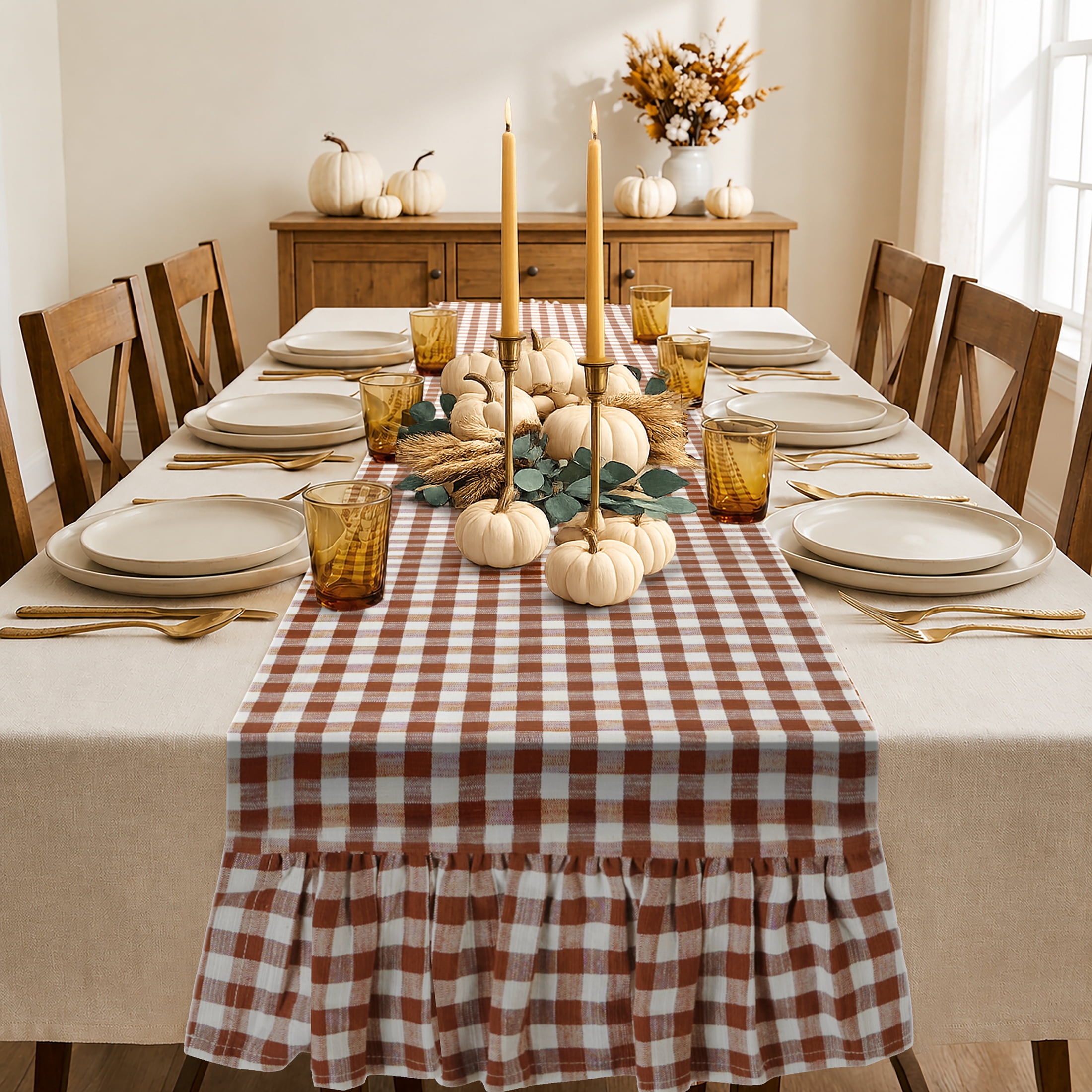 Harvest Gingham Ruffle 13" x 72" Table Runner - 100% Cotton, Rust Orange