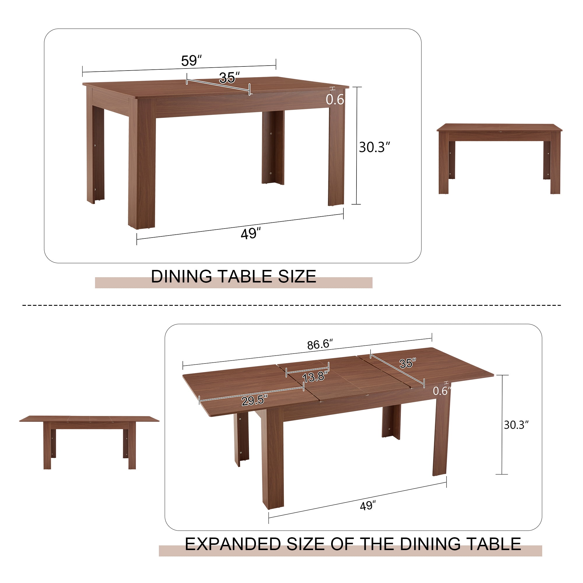 Shikeyi 59"-86" Extendable Dining Table for 6-10 People, Modern Rectangular Walnut MDF Kitchen Extendable Table with Adjustable Length, Space-Saving Walnut Finish Dinner Table, for Small Dining Room
