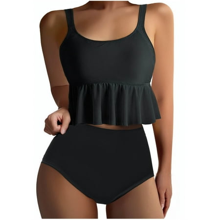 Women s High Waist Bikini Swimsuit Ruffle Two Piece Bathing Suit Tummy Control Modest Swimwear Tankini Top with Bikini Bottom Black XL Clearance