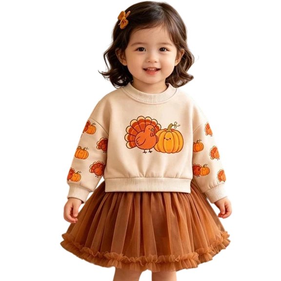 Rggeeun Halloween Girls Sets Cute Tops Crew Neck Sweatshirt Ruffle Pleated Skirt Pumpkin Graphic Fall Outfits Everyday Wear Leisure,Brown,3-4 Years
