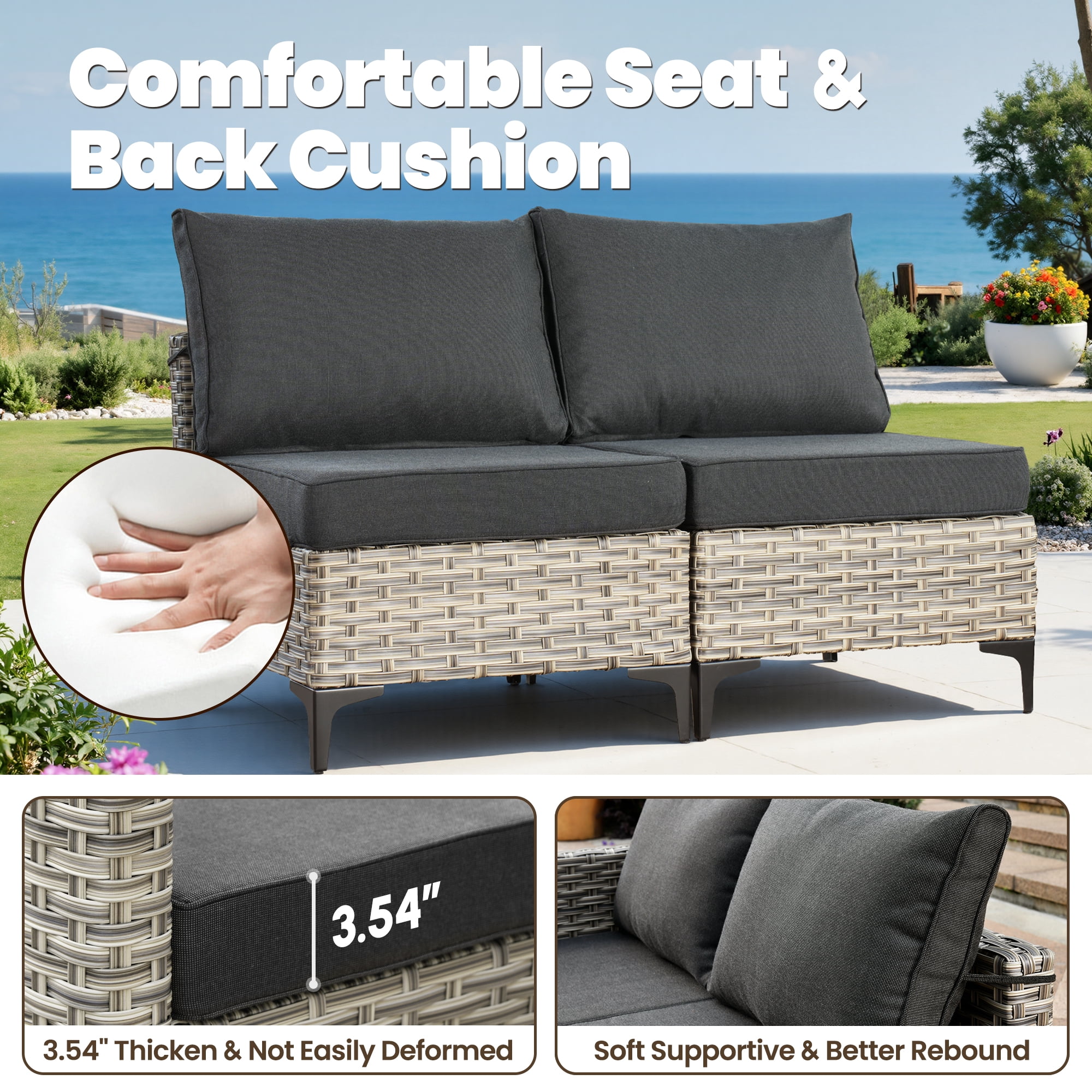 Vcatnet Outdoor Furniture 10 Pieces Patio Conversation Set All-Weather Rattan Wicker Outdoor Sectionals with Swivel Rocking Chair and Solar-Powered Coffee Table Black