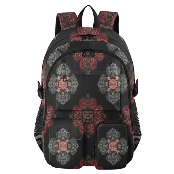 DIXRUYEE Red Medallion Backpack for School 14”Laptop Compatible with Reflective Safety Strips