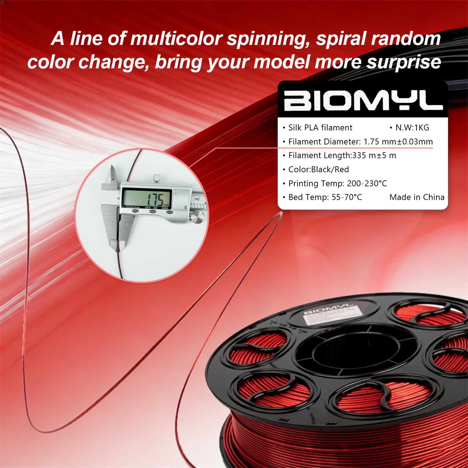 BIOMYL PLA 3D Printer Filament, PLA Filament 1.75mm Dual Black/Red Color Filament Silk PLA, 1kg Spool, Accuracy +/- 0.03mm