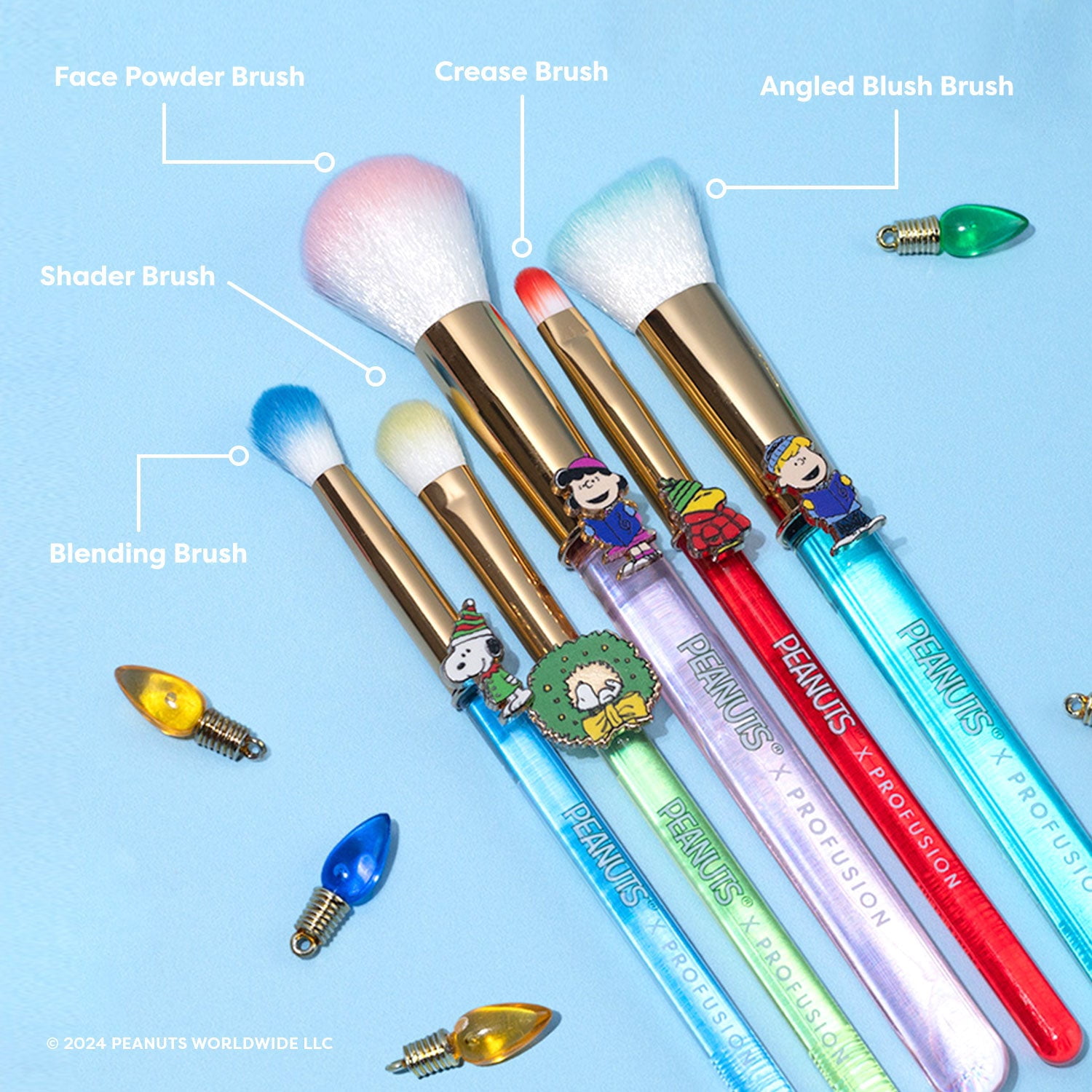 Profusion Cosmetics Peanuts Holiday Merry & Bright Brush Set with Case, 5PC Face & Eye Makeup Brush with Synthetic Bristles for Blending, Shading & Blush