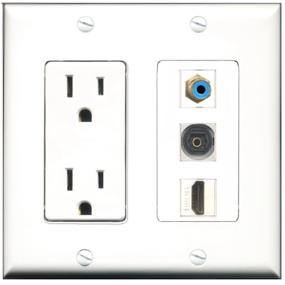Ultra Spec Cables 15 Amp Power Outlet 1 Port HDMI 1 Port RCA Blue 1 Port Toslink Wall Plate