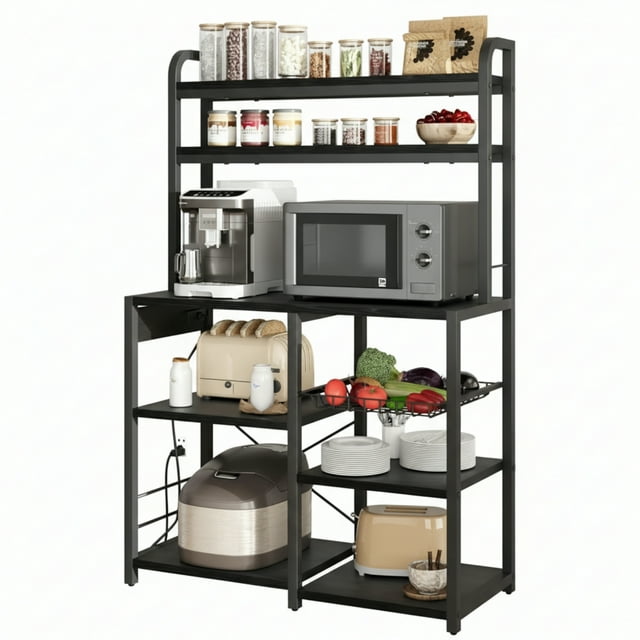 Garvee Kitchen Baker Rack with 2 Power Outlets, 6 Tier Storage Shelf, 35.4 x 15.7 x 59.1", Black