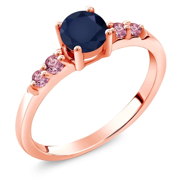 Gem Stone King 18K Rose Gold Plated Silver Blue Sapphire and Pink Lab Grown Diamond Engagement Ring for Women (0.75 Cttw, Round 5MM, Gemstone September Birthstone, Size 8)