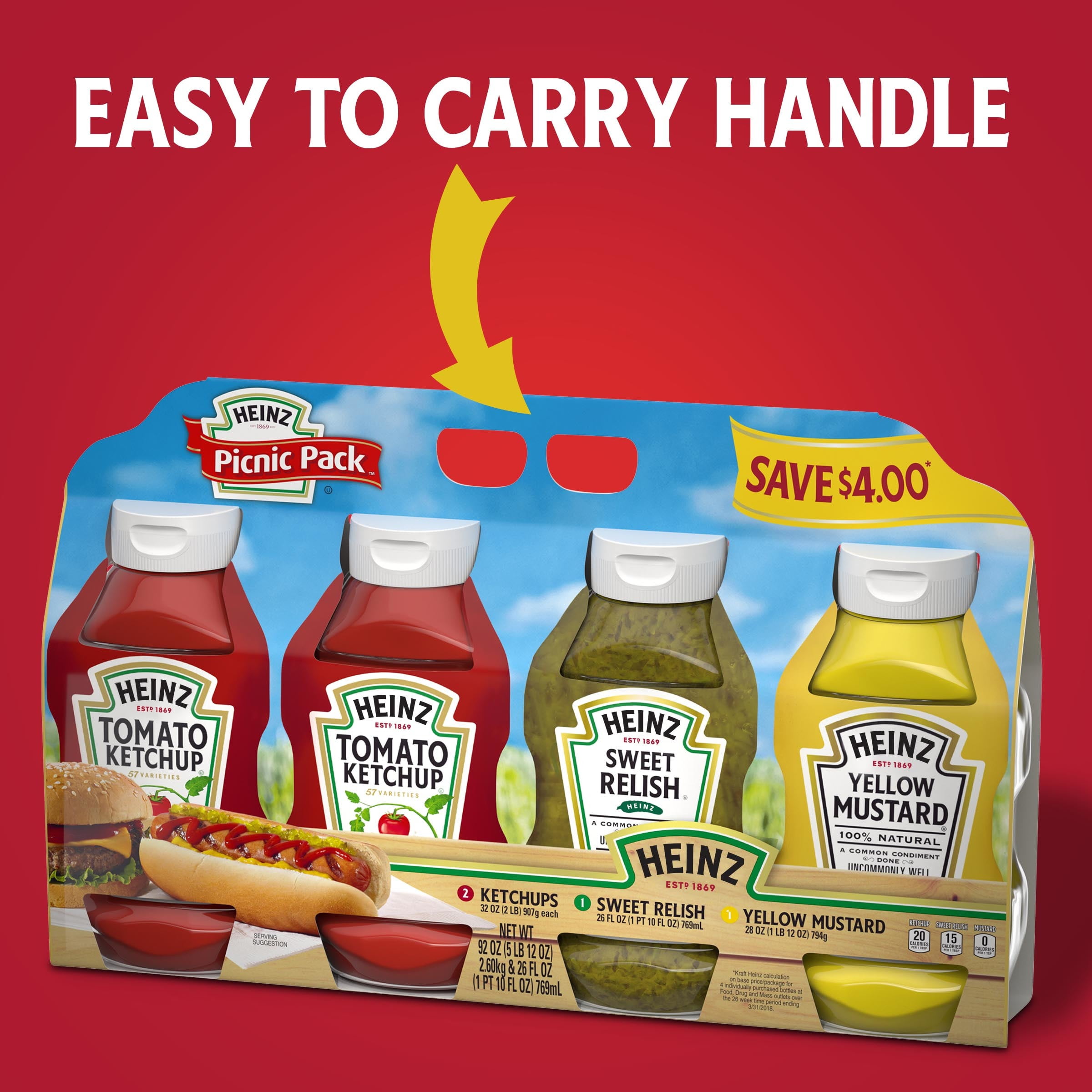 Heinz Tomato Ketchup, Sweet Relish & 100% Natural Yellow Mustard Picnic Variety Pack, 4 ct Pack