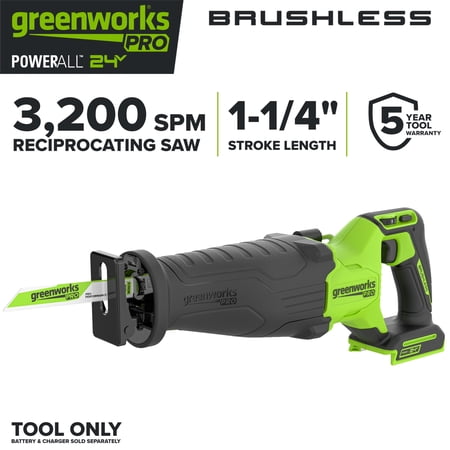 Greenworks Pro PowerAll 24V Brushless 1-1/4" Brushless Reciprocating Saw, Tool Only, RS532A1