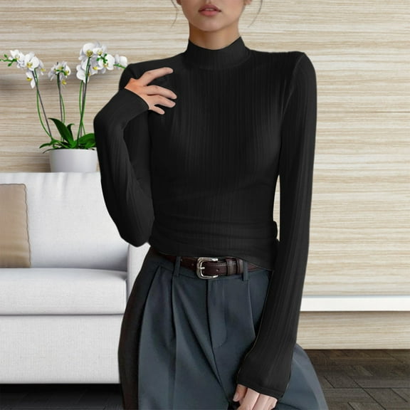 Women's Long Sleeve Shirts Half-high Collar Bottom Sweaters for Women Basic Slim Fitted Ribbed Blouses Fall Winter Inner Shoulder TShirts Pullover Top #01 Black M