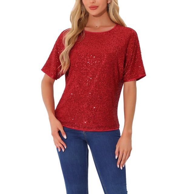 Camisa de lentejuelas INSPIRE CHIC para mujer, blusa brillante de manga dolman oversize, L roja