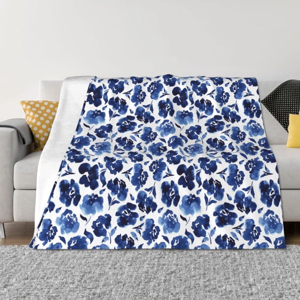 Fotbe Blue Ink Flowers Manta de Franela con Estampado, Manta Ultrasuave para Cama, Sofá, Auto, Hipoalergénica y Antibolitas-80"x60"