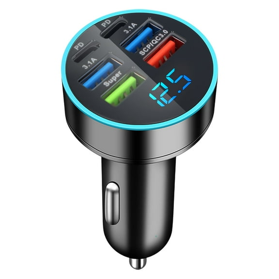 66W 6-Port Car Charger with Digital Display and Ambient Lighting, 4 USB Ports   2 USB-C Fast Chargers, Suitable for All Cars