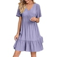 thumbnail image 1 of WTXUE Plus Robes Taille, Robe Trapèze à Manches Courtes Vestidos Casuales Para Mujer à Col en V, Robe d'Été Fluide Décontractée Moulante à Volants Robes Unies Mi-Longues Fluides Grande Taille pour Femme, Violet Taille g, 1 of 7