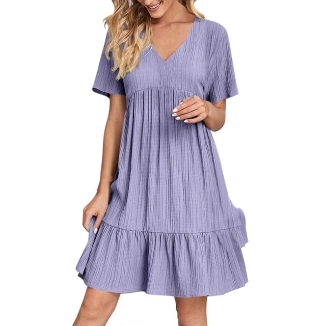WTXUE Plus Robes Taille, Robe Trapèze à Manches Courtes Vestidos Casuales Para Mujer à Col en V, Robe d'Été Fluide Décontractée Moulante à Volants Robes Unies Mi-Longues Fluides Grande Taille pour Femme, Violet Taille g