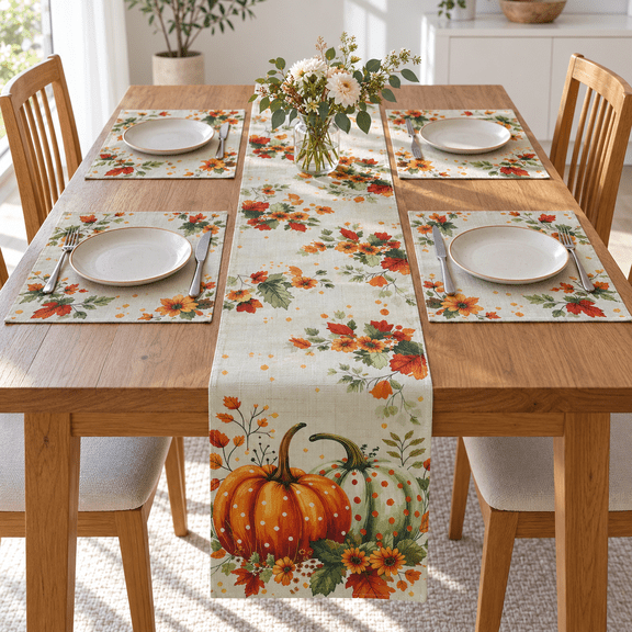 Thanksgiving Table Runner with 4 Placemats, 5-Piece Fall Pumpkin Maple Leaf Dining Table Decor, Linen-Look Harvest Table Set for Kitchen and Party