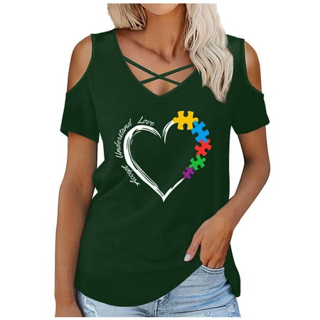 

summer tops for women Women V-Neck Short Sleeve Off Shoulder Sleeve Loose T-Shirt Blouse Pullover Tops Fashion Solid Color Cold Shoulder Maternity Shirts Army Green XXL