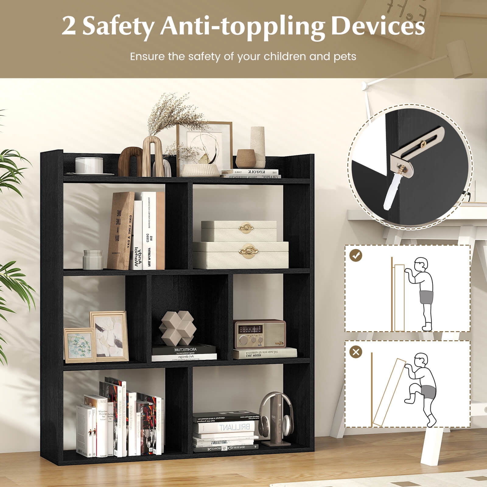 Costway 2 PCS 7-cube Bookcase Open Storage Shelf with Anti-tipping Kits for Living Room Black