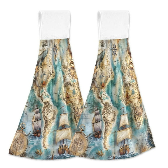 2 Pcs Sailing Ship and Nautical Chart Kitchen Hand Towels with Hanging Loops Absorbent Soft Fast Drying Decor Bath Towels