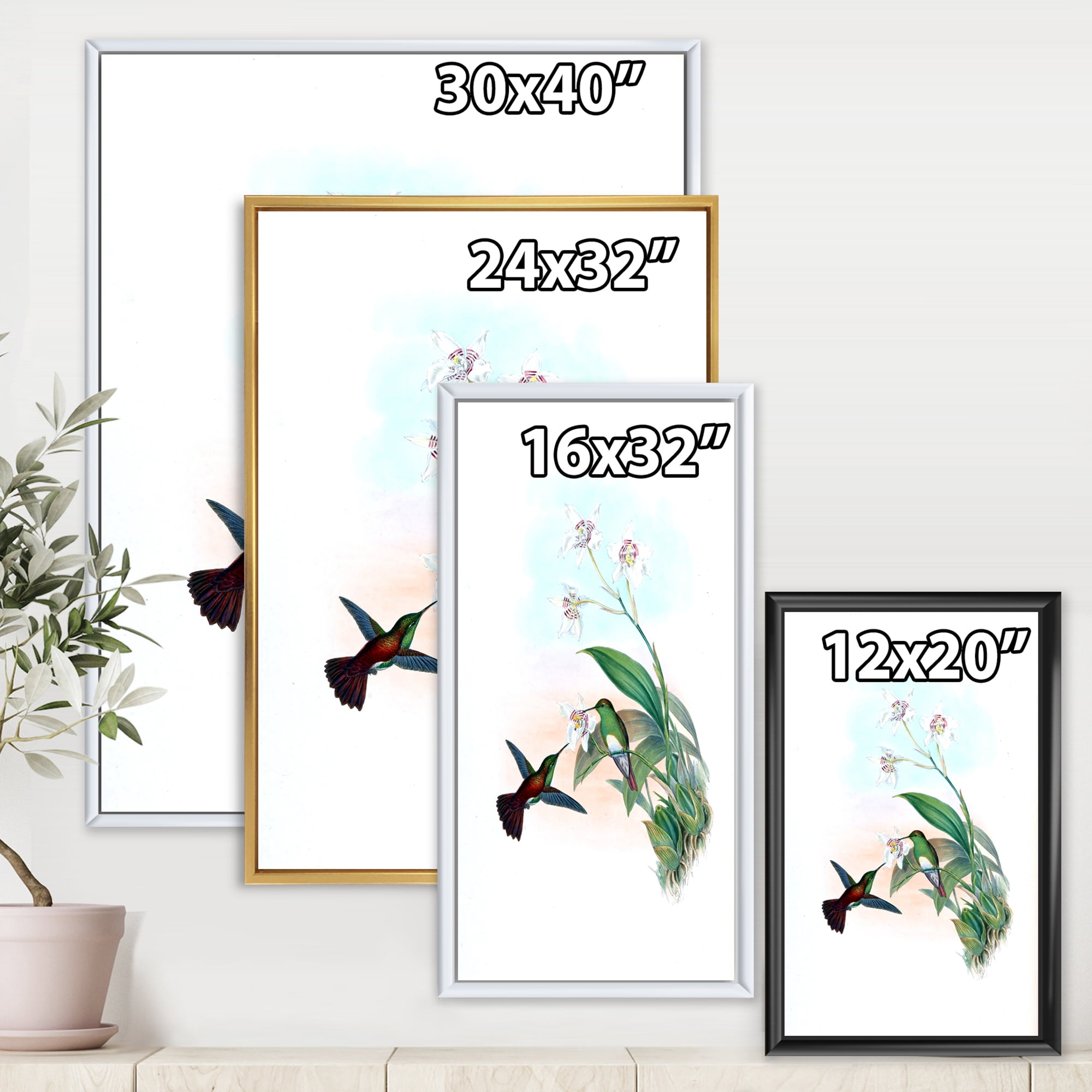Designart 'Historic Hummingbird Flying To A Flower' Traditional Framed Canvas Wall Art Print