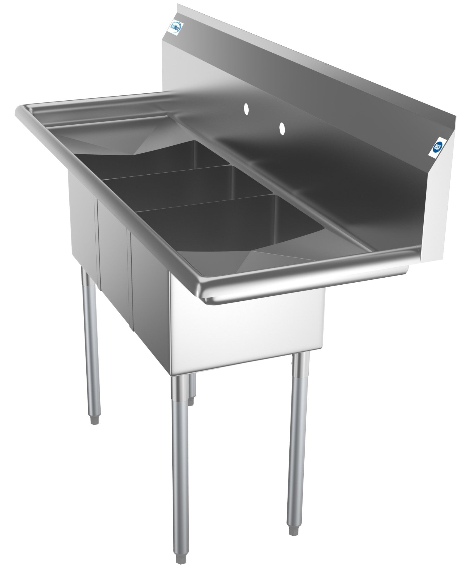 KoolMore 54 in. Three Compartment Stainless Steel Commercial Sink with Drainboards, Bowl Size 10"x 14"x 10"