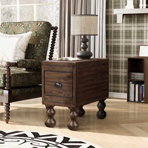Vintage Style Solid Wood End Table, 23.6 inch Narrow, Drawer for Living Room & Bedroom, Easy to Assemble