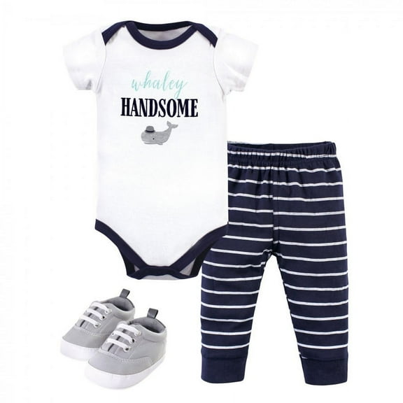 Little Treasure Baby Boy Cotton Bodysuit, Pant and Shoe 3pc Set, Whaley Handsome, 0-3 Months