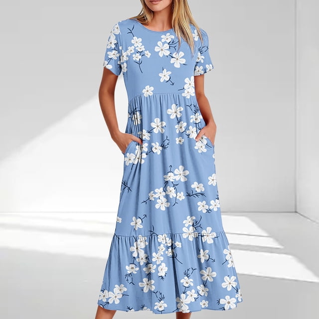 Offre Hebdomadaire d'Été Iumwxz Robe à Manches Courtes Col Rond pour Femmes Tunique Décontractée Ample Robe Longue Plissée Robe Imprimée Florale Robes Formelles pour Femmes Robe Habillée pour Cadeaux de Vacances