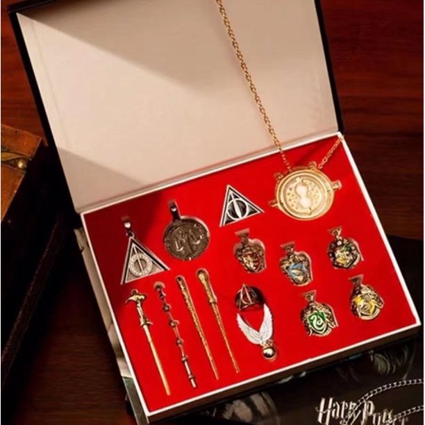 2025 Conjunto de marcadores de túnicas mágicas de Harry Potter, Hermione y Ron, caja de pin, monedas de Hogwarts, insignia de metal, búho, Quidditch, juguetes de las Reliquias de la Muerte
