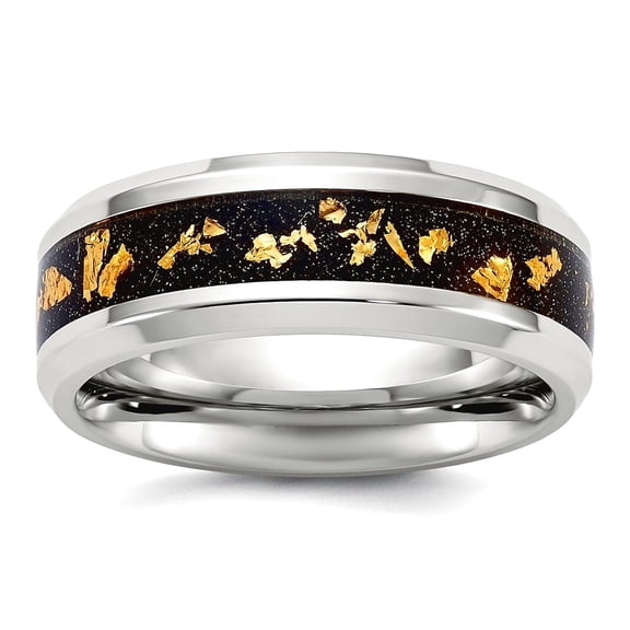 Stainless Steel Polished With Black and Gold Foil Inlay 8mm Band Size 13.5 Ring for Women and Men