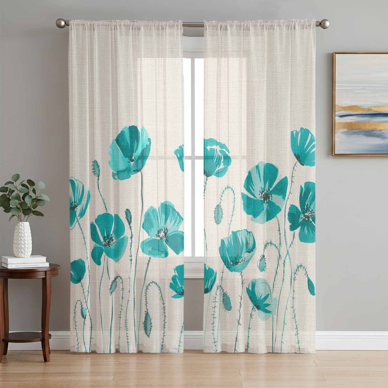 Teal Floral Sheer Curtains 2 Panels Set Watercolor Autumn Turquoise Wildflowers Plant Linen Texture Sheer Window Curtains Light Filtering Rod Pocket Voile Drapes for Bedroom Living Room 52"X108"