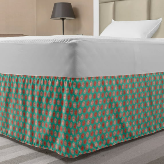 Floral Bed Skirt, Continuing Style Daisies Scattered Retro Garden Art, Elastic Bedskirt Dust Ruffle Wrap Around for Bedding Decor, 4 Sizes, Laurel Green Coral, by Ambesonne