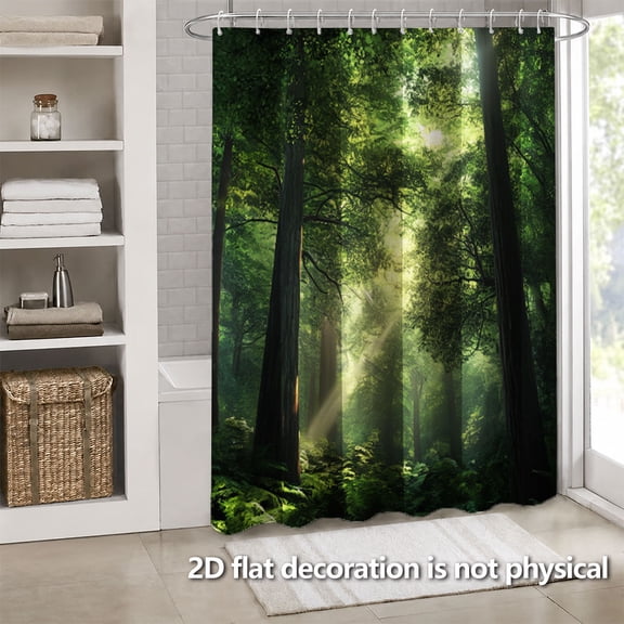 Hoease Sunbeam Dense Green Forest Shower Curtain, 71W x 71L Inch Waterproof Fabric Bathroom Curtain with 12 Hooks, Mystic Nature Woodland Bath Decor