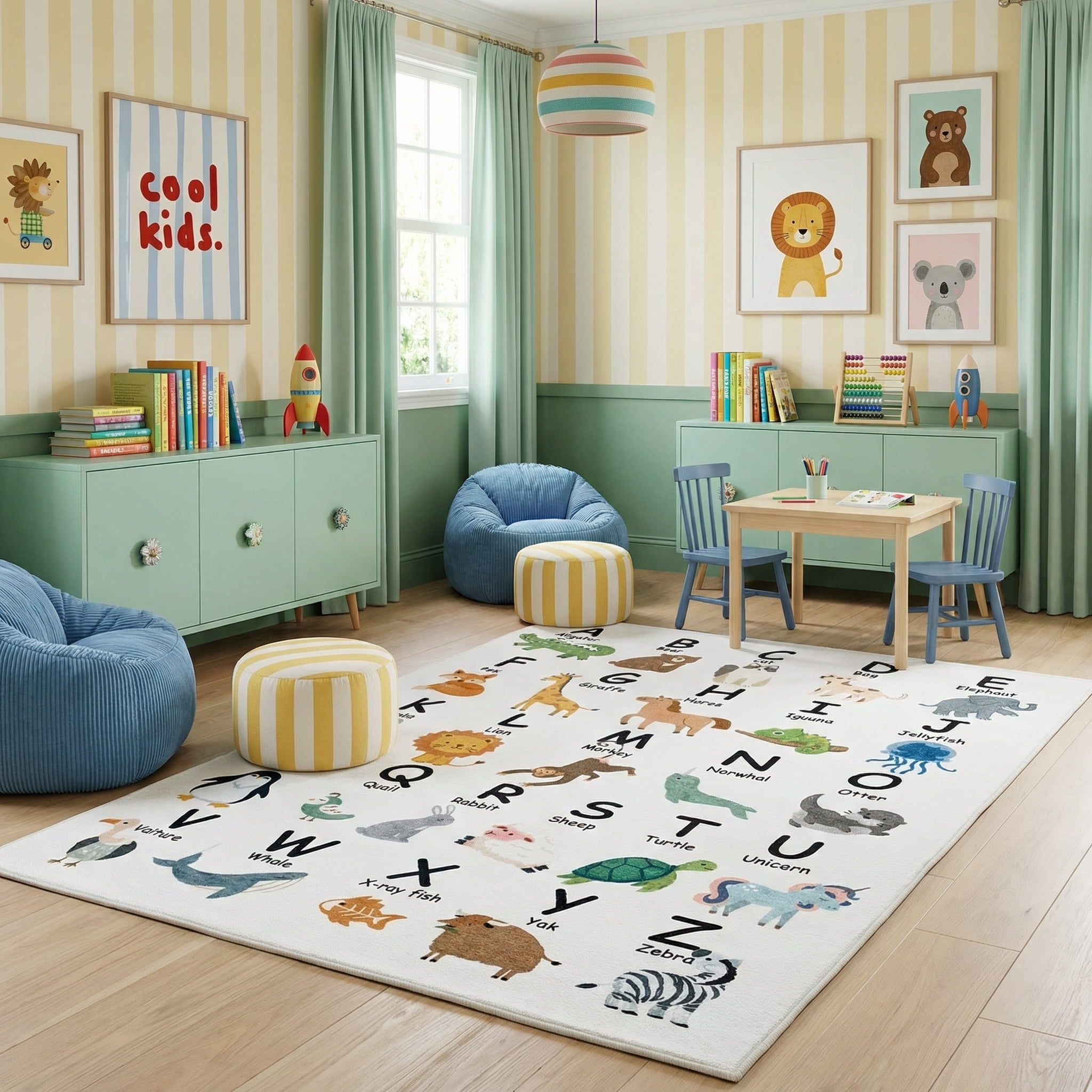 Rug Branch Soft Steps Playtime Alphabet Animals, Educational Learning Soft Area Rug, White Beige - Boys & Girls in Playroom, Nursery, Bedroom