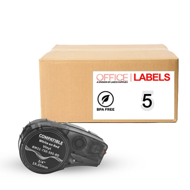 Office Labels Compatible Label Maker Tape, 3/4' x 21', Black on Red, 5 Count, 5 Pack