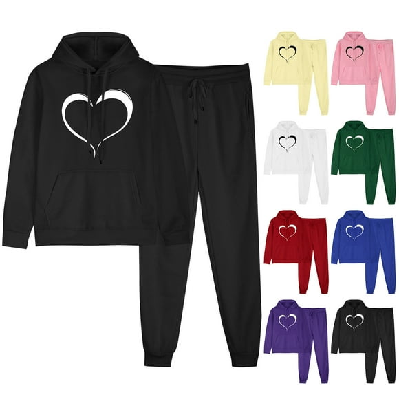 JURANMO Fashion 2 Piece Outfits for Women, Heart Graphic Hoodie Sweatsuits Long Sleeve Sweatshirt Jogger Pants Casual Lightweight Tracksuit Sets Todays Daily Deals Yellow S