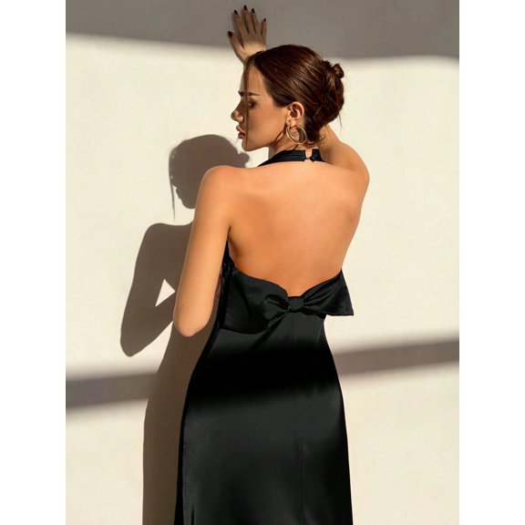 Black Satin Backless Halter Maxi Dress With Bow Detail