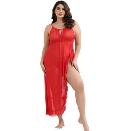 Tao Tao Women Underwear Lace Babydoll Chemise Mesh Nightdress V Neck Nightwear Side Split Nightgown Red 4XL