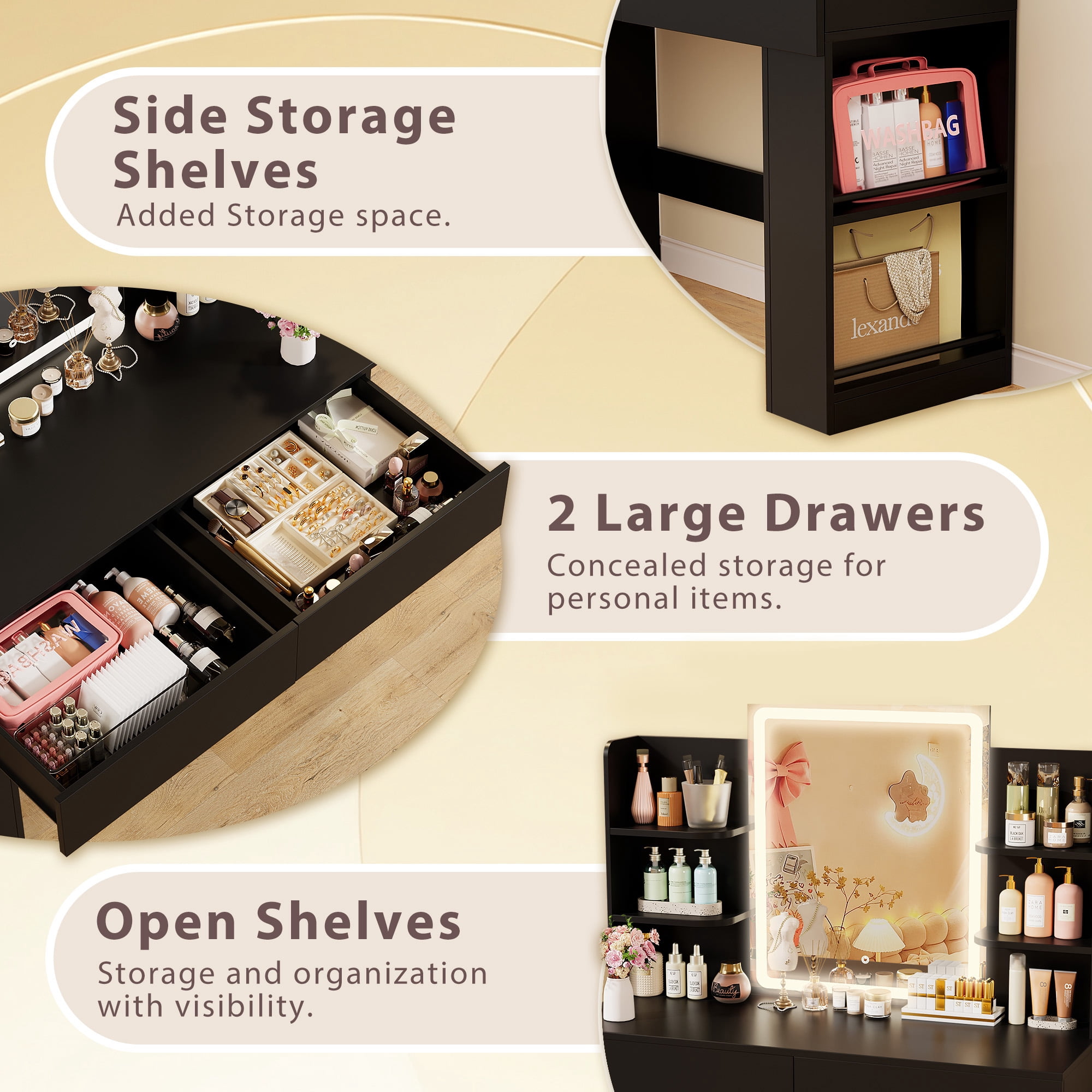 Homall Vanity Desk with 3 Colors LED Lighted Mirror, Makeup Vanity with Storage Shelves and Drawers, Vanity Table Dressing Table for Bedroom, Black