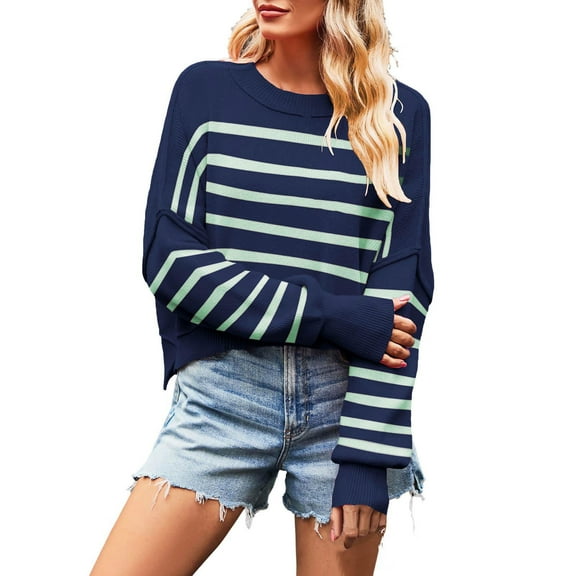 MIUOWANP Stripe Sweater for Women 2024 Women's Fashion Loose Large Size Long Sleeve Stripe Sweater Tops Dark Blue S
